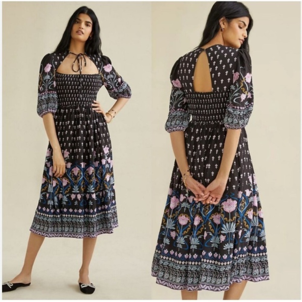 Anthropologie Dasha smocked floral black pink midi dress short puffed sleeves SP